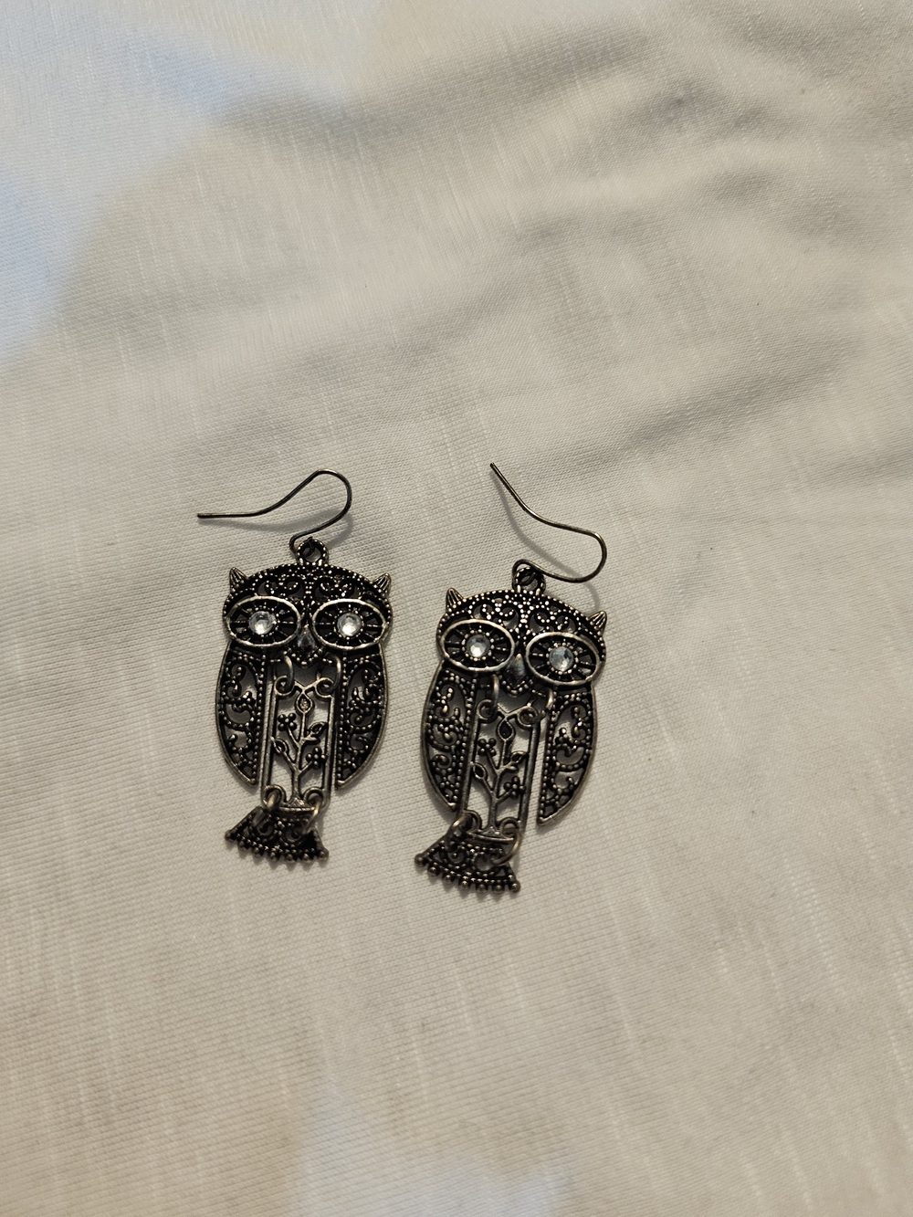 Antique Silver Owl Drop Earrings with Crystal Eyes